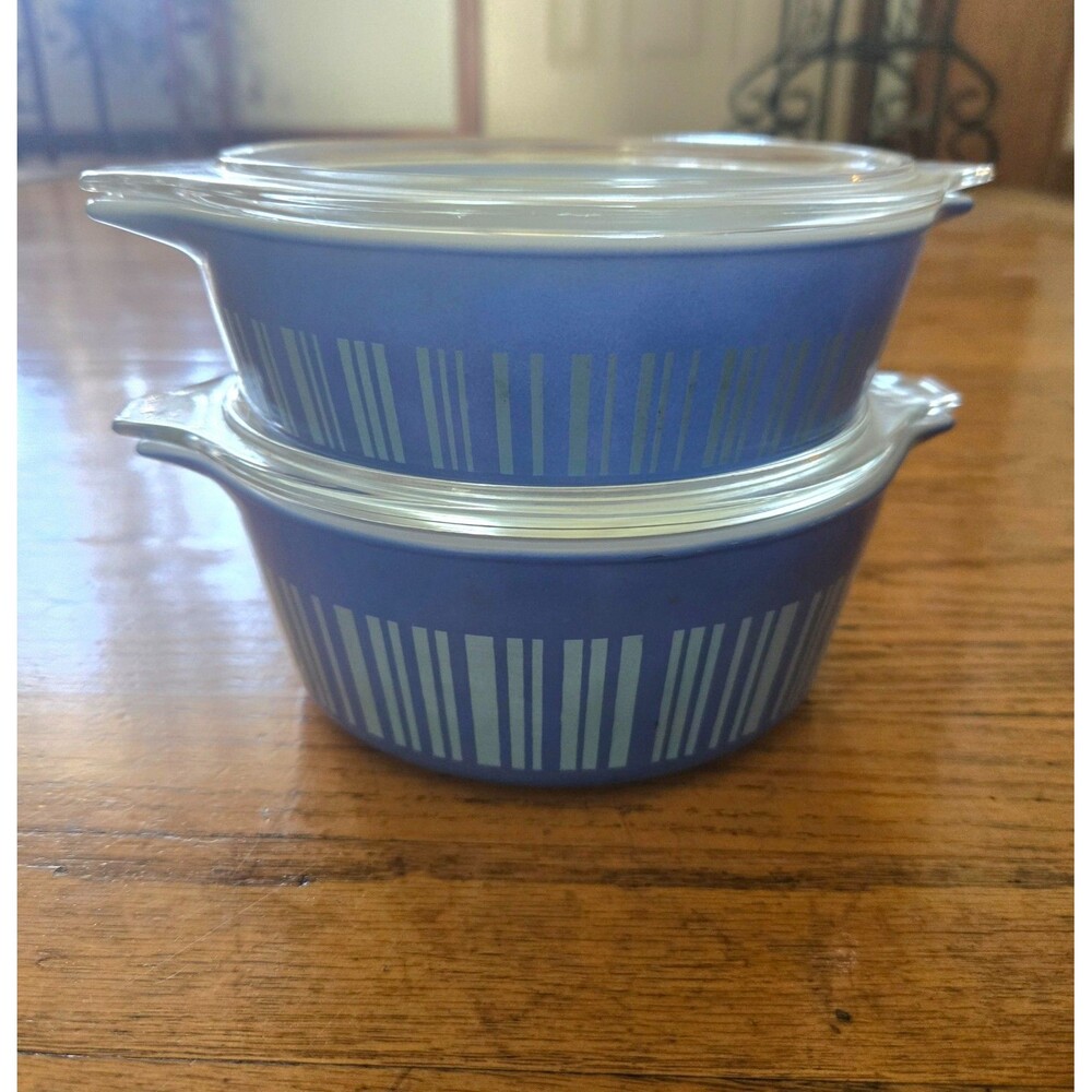 Vintage Pyrex Barcode Blue Stripes 471 & 472 W/ Lids Casserole Dishes